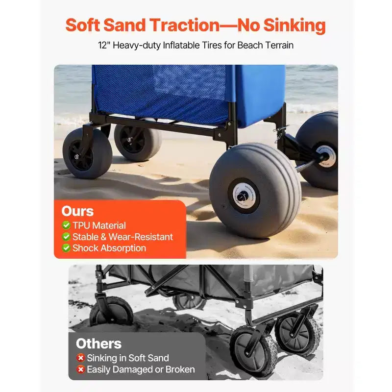 Beach Cart with Large Wheels for Sand, 165 lbs Load Capacity, Heavy Duty Folding Beach Wagon with 12" Balloon Wheels, Storage Bag, Blue+Black