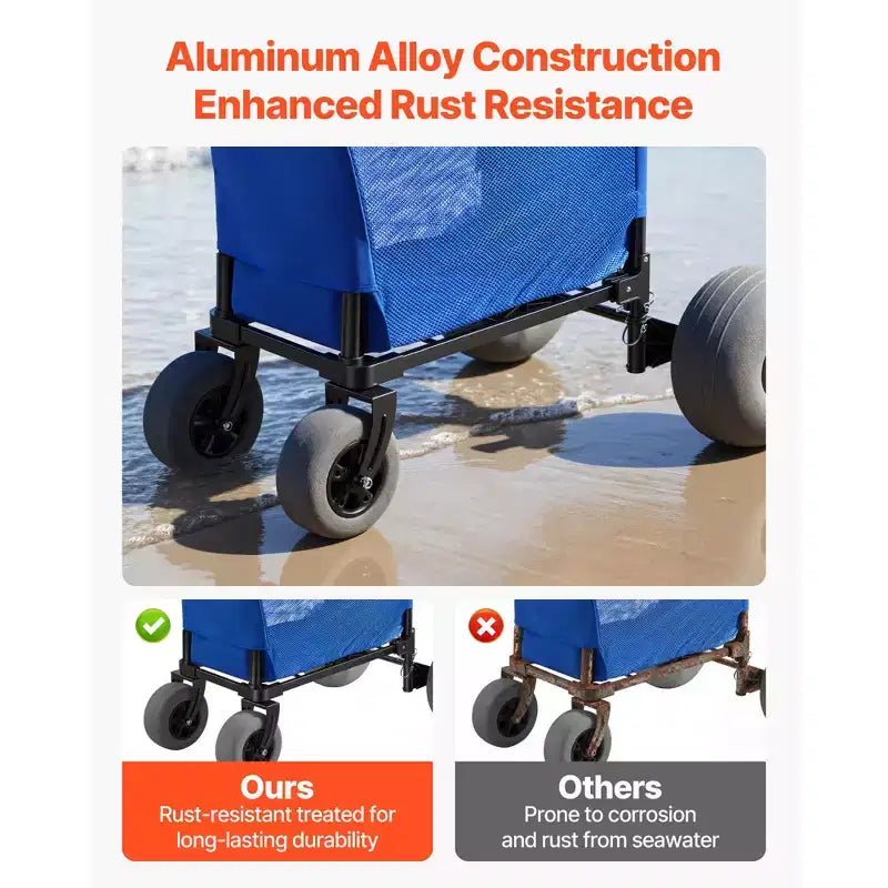 Beach Cart with Large Wheels for Sand, 165 lbs Load Capacity, Heavy Duty Folding Beach Wagon with 12" Balloon Wheels, Storage Bag, Blue+Black