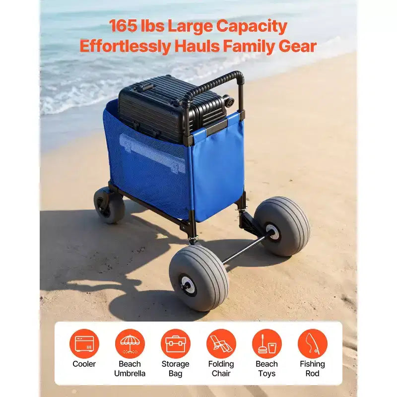 Beach Cart with Large Wheels for Sand, 165 lbs Load Capacity, Heavy Duty Folding Beach Wagon with 12" Balloon Wheels, Storage Bag, Blue+Black