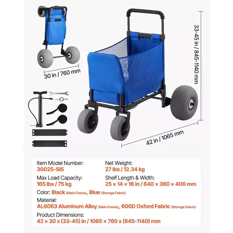 Beach Cart with Large Wheels for Sand, 165 lbs Load Capacity, Heavy Duty Folding Beach Wagon with 12" Balloon Wheels, Storage Bag, Blue+Black