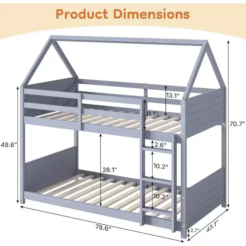 Twin Over Twin House Shaped Bunk Bed Frame with Ladder, Full-Length Bed Rail, Slats for Dormitory and Bedroom, Space Saving, Grey