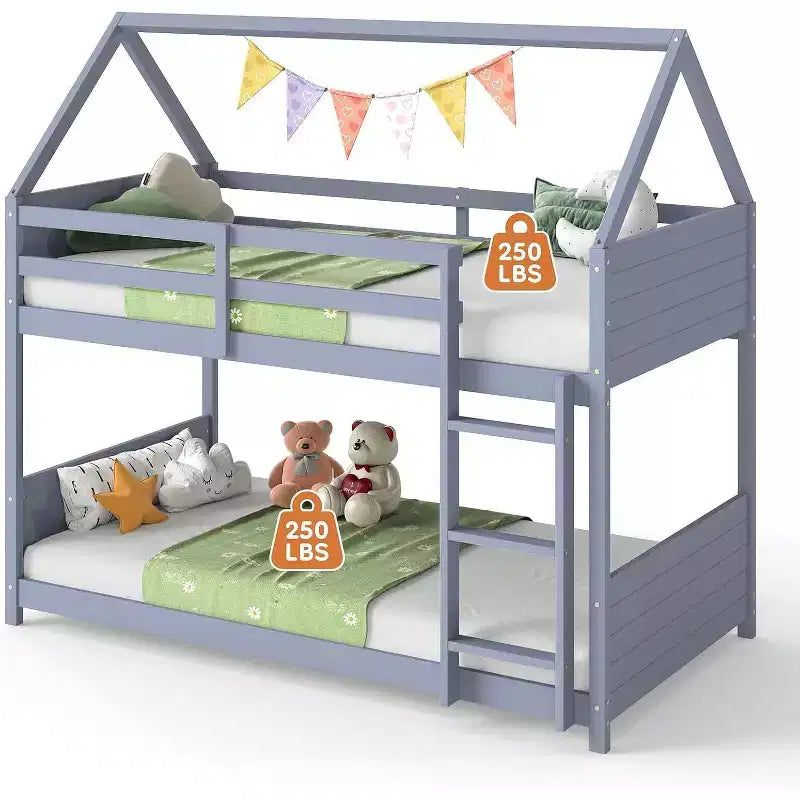 Twin Over Twin House Shaped Bunk Bed Frame with Ladder, Full-Length Bed Rail, Slats for Dormitory and Bedroom, Space Saving, Grey