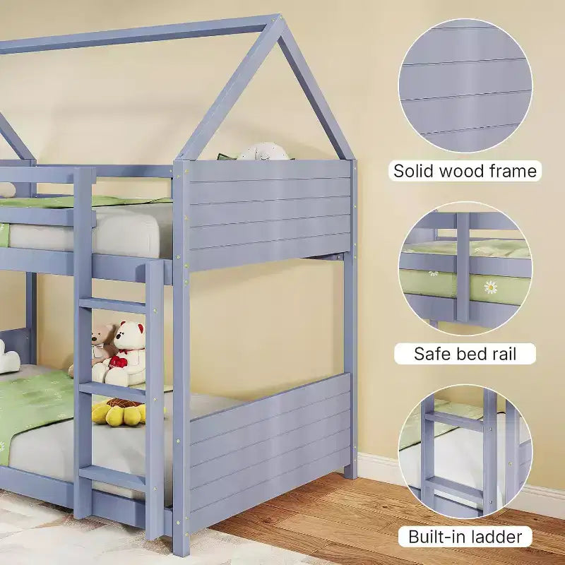 Twin Over Twin House Shaped Bunk Bed Frame with Ladder, Full-Length Bed Rail, Slats for Dormitory and Bedroom, Space Saving, Grey