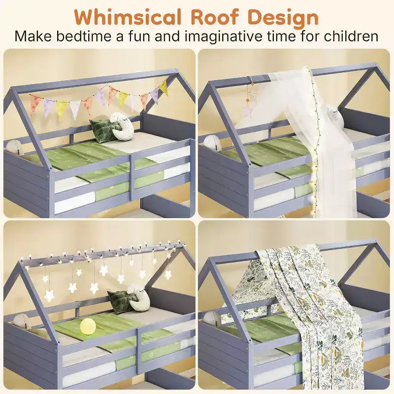 Twin Over Twin House Shaped Bunk Bed Frame with Ladder, Full-Length Bed Rail, Slats for Dormitory and Bedroom, Space Saving, Grey