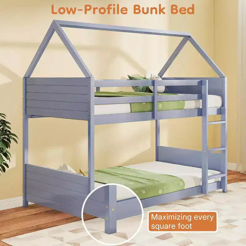 Twin Over Twin House Shaped Bunk Bed Frame with Ladder, Full-Length Bed Rail, Slats for Dormitory and Bedroom, Space Saving, Grey