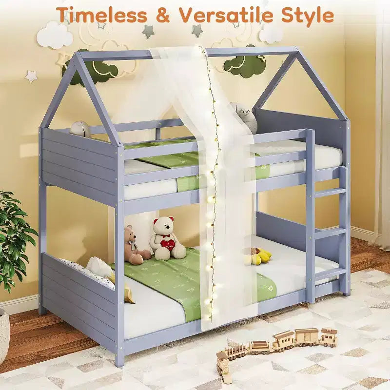 Twin Over Twin House Shaped Bunk Bed Frame with Ladder, Full-Length Bed Rail, Slats for Dormitory and Bedroom, Space Saving, Grey