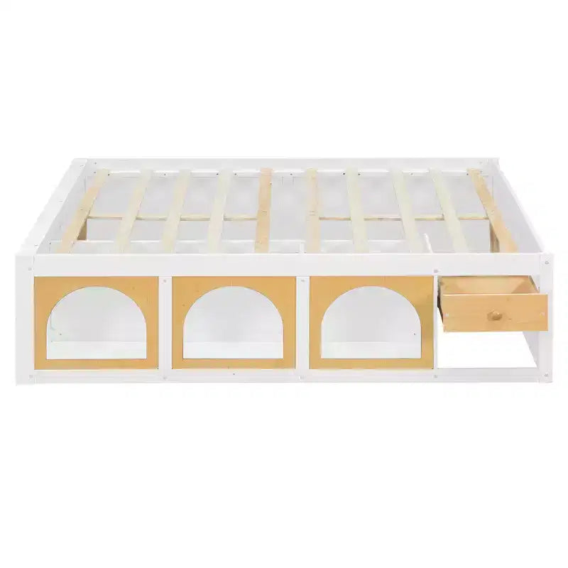 Miller Wooden Platform Bed with Bookshelf, Display Cabinet, LED Light and Drawer