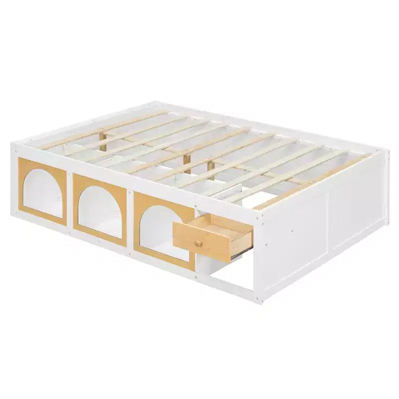 Miller Wooden Platform Bed with Bookshelf, Display Cabinet, LED Light and Drawer