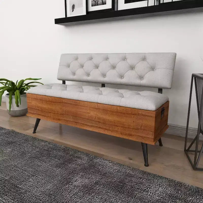Industrial Wood Rectangular Upholstered Storage Bench White - Entryway, Dining Seating