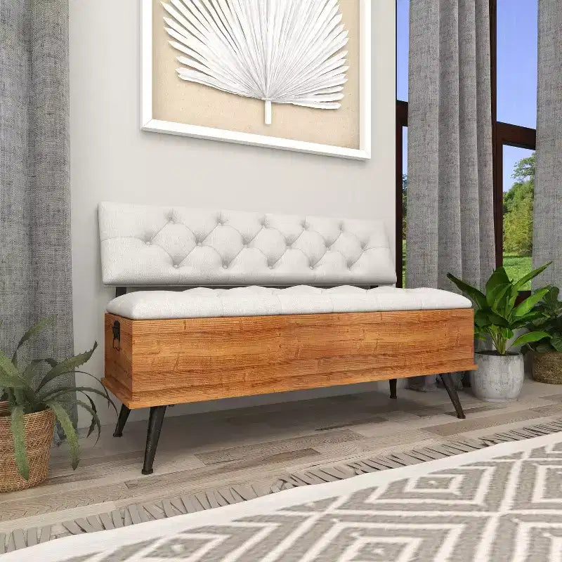 Industrial Wood Rectangular Upholstered Storage Bench White - Entryway, Dining Seating