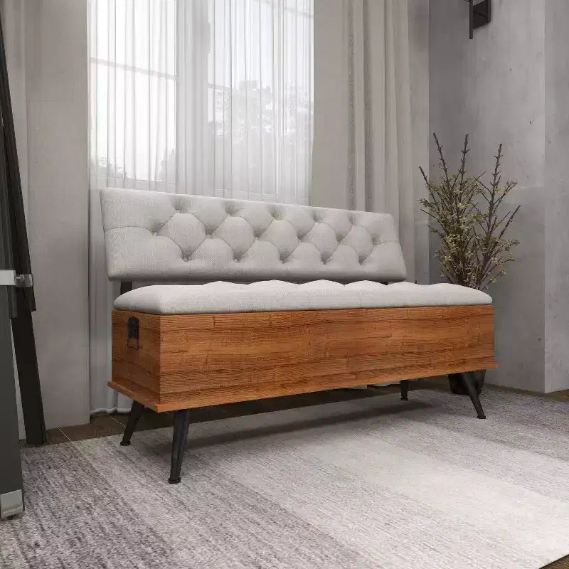 Industrial Wood Rectangular Upholstered Storage Bench White - Entryway, Dining Seating