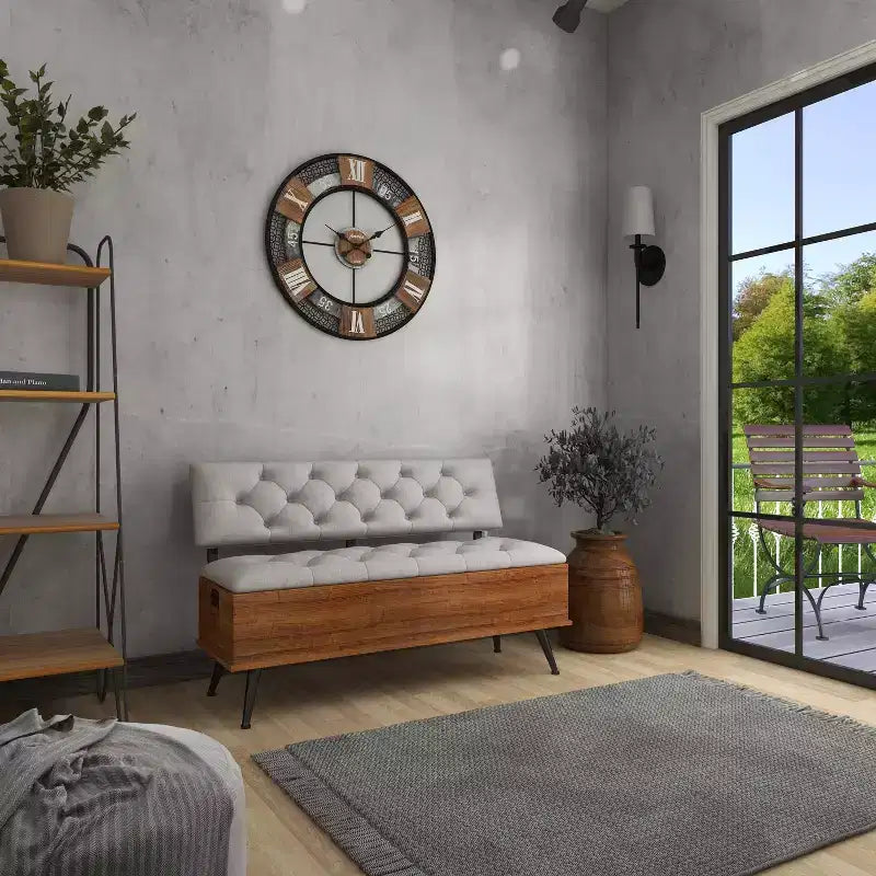 Industrial Wood Rectangular Upholstered Storage Bench White - Entryway, Dining Seating
