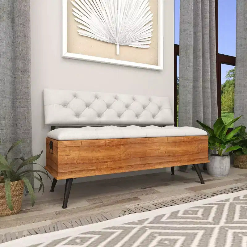 Industrial Wood Rectangular Upholstered Storage Bench White - Entryway, Dining Seating