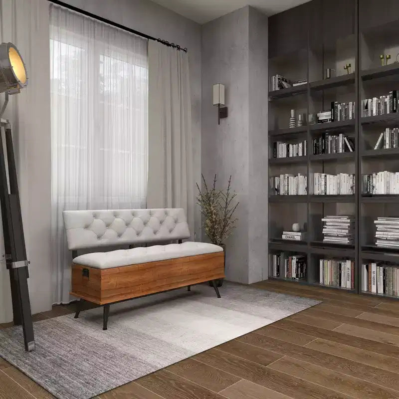 Industrial Wood Rectangular Upholstered Storage Bench White - Entryway, Dining Seating