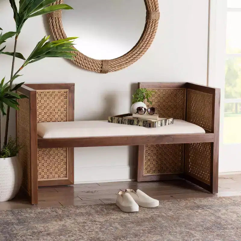 Lovina Rattan and Acacia Wood Accent Bench Light Honey/Light Brown