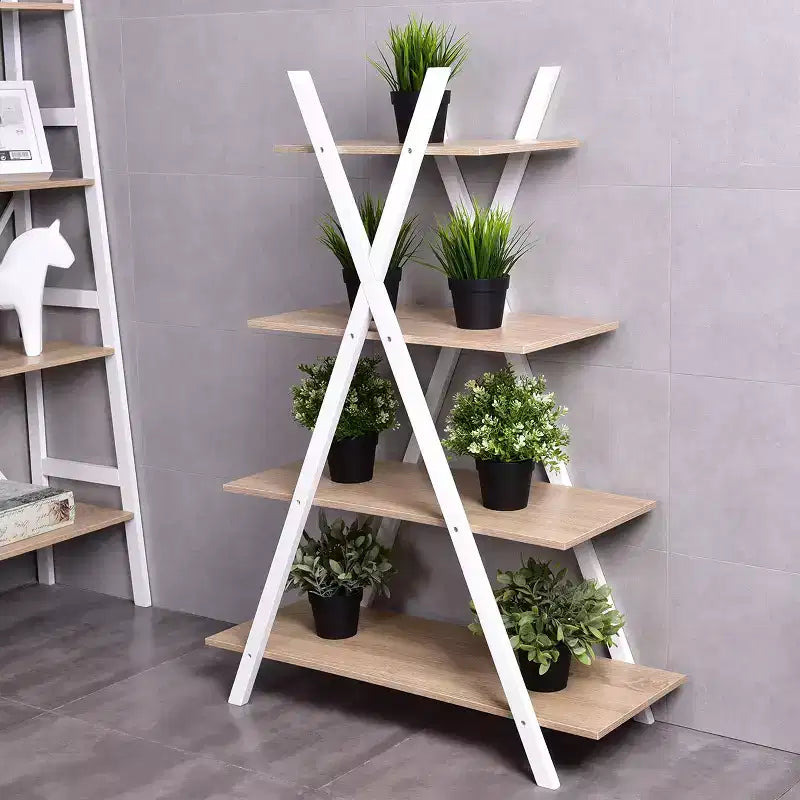 4-Tier Bookshelf Storage Display Shelves Bookcase Ladder X-Shape