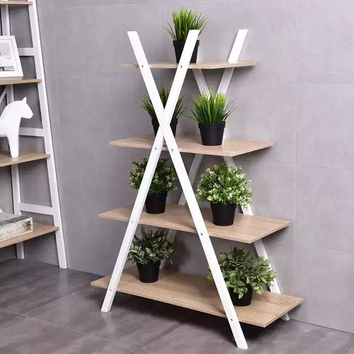 4-Tier Bookshelf Storage Display Shelves Bookcase Ladder X-Shape