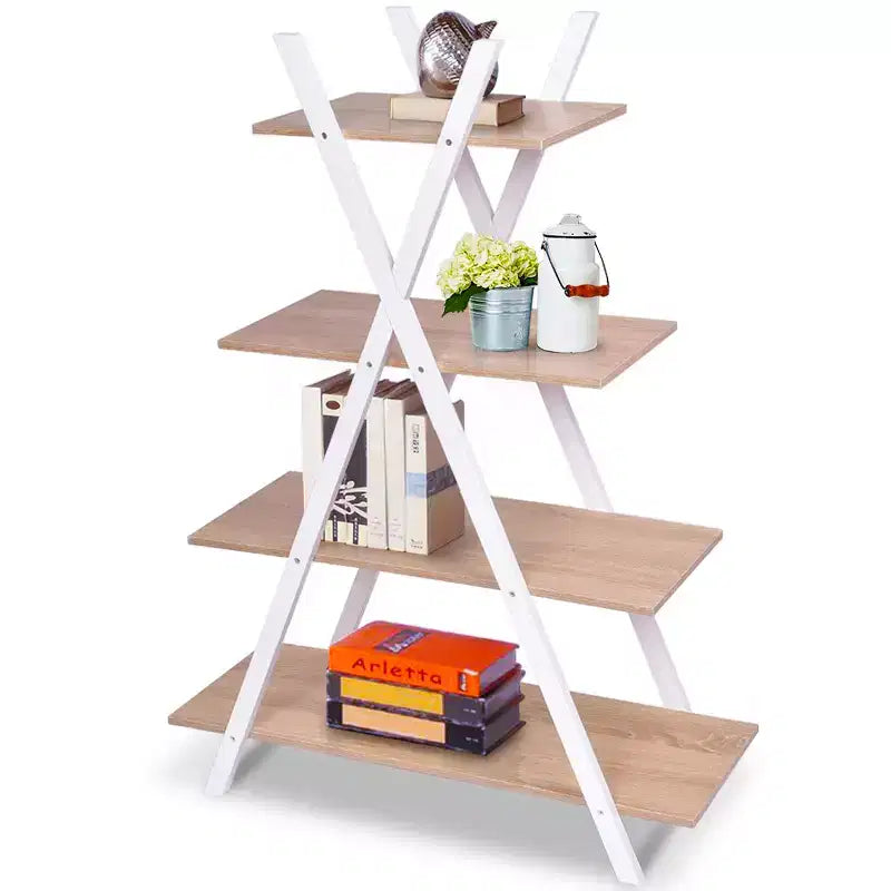 4-Tier Bookshelf Storage Display Shelves Bookcase Ladder X-Shape