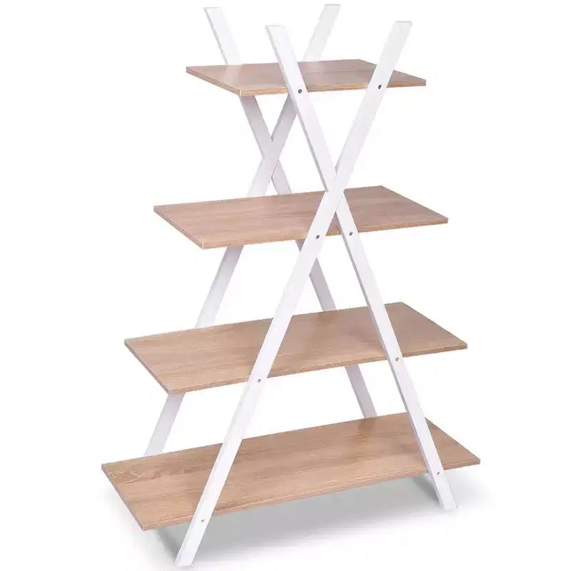 4-Tier Bookshelf Storage Display Shelves Bookcase Ladder X-Shape