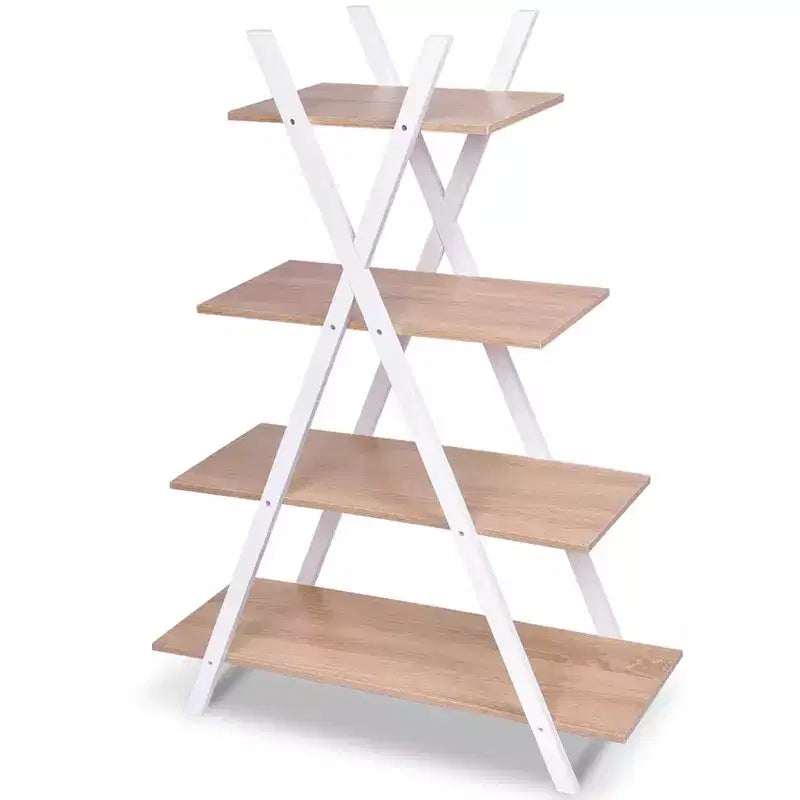 4-Tier Bookshelf Storage Display Shelves Bookcase Ladder X-Shape
