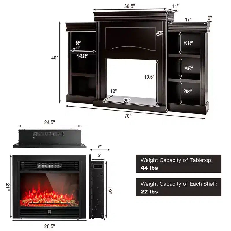 70" Fireplace TV Stand Media W/ 28.5" 750W/1500W Electric Fireplace