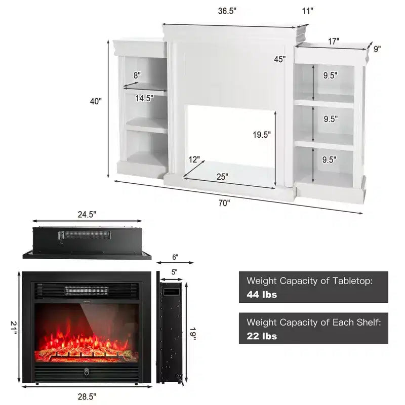 70" Fireplace TV Stand Media W/ 28.5" 750W/1500W Electric Fireplace