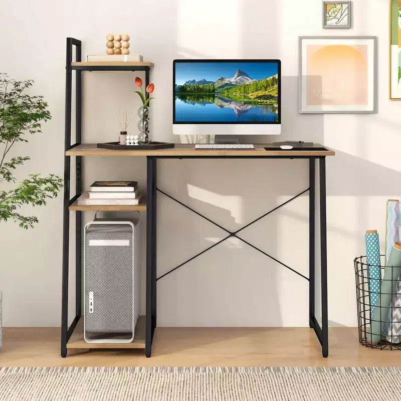 Home Office Desk with Bookshelf Host Stand Metal Frame Study Writing Desk