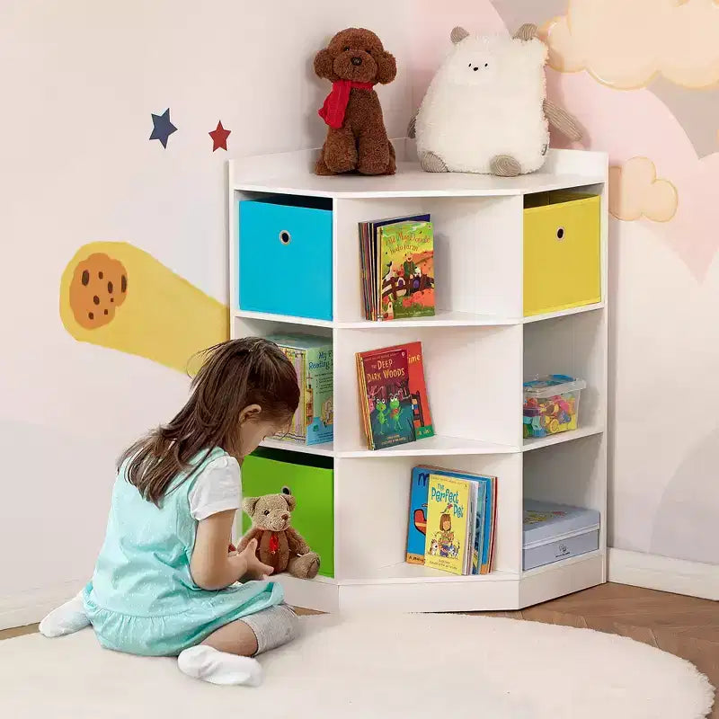 Wooden Kids Cabinet Freestanding Corner Storage Drawer Toys Clothes Books Organizer Dresser Children Bookcase Display Shelf Wardrobe for Bedroom with Anti-toppling Hardware Drawers