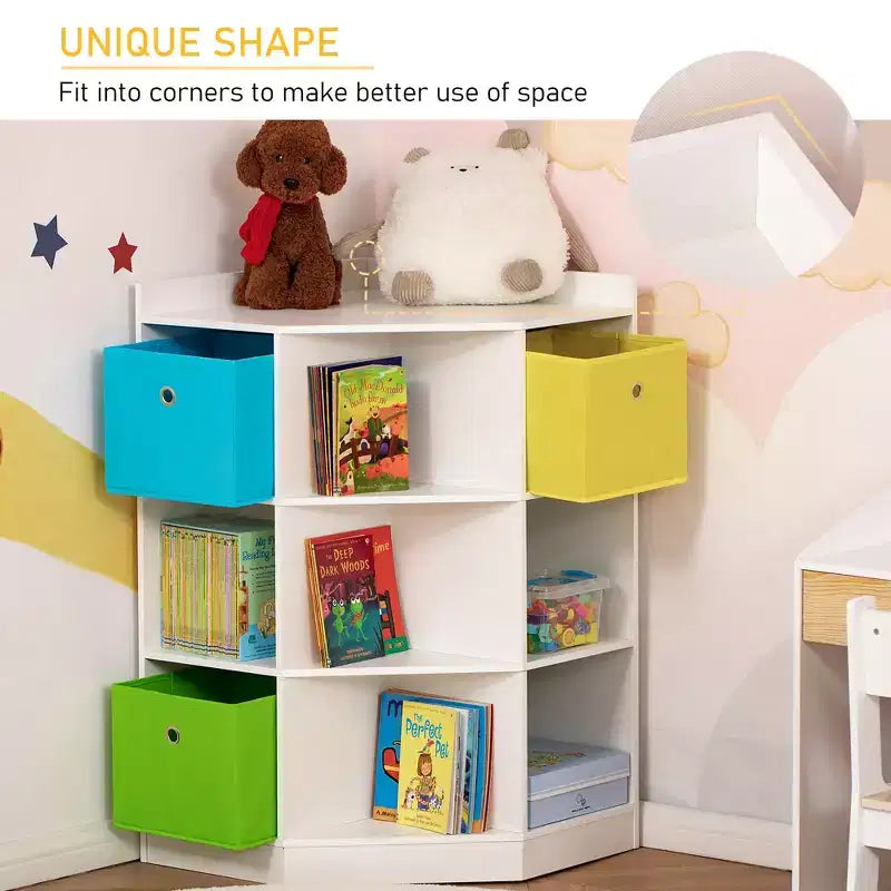 Wooden Kids Cabinet Freestanding Corner Storage Drawer Toys Clothes Books Organizer Dresser Children Bookcase Display Shelf Wardrobe for Bedroom with Anti-toppling Hardware Drawers
