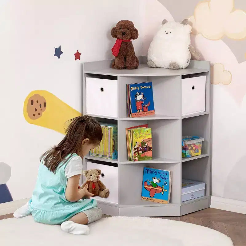Wooden Kids Cabinet Freestanding Corner Storage Drawer Toys Clothes Books Organizer Dresser Children Bookcase Display Shelf Wardrobe for Bedroom with Anti-toppling Hardware Drawers