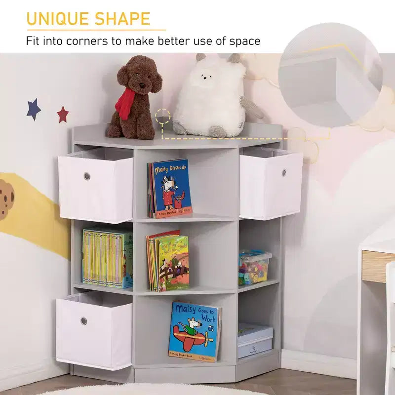 Wooden Kids Cabinet Freestanding Corner Storage Drawer Toys Clothes Books Organizer Dresser Children Bookcase Display Shelf Wardrobe for Bedroom with Anti-toppling Hardware Drawers
