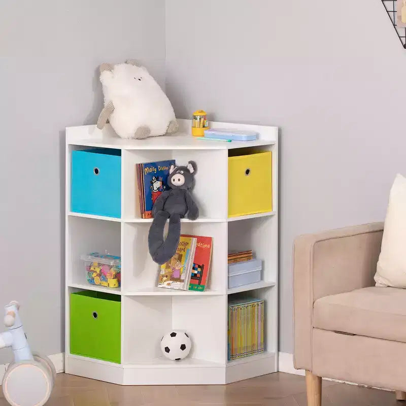 Wooden Kids Cabinet Freestanding Corner Storage Drawer Toys Clothes Books Organizer Dresser Children Bookcase Display Shelf Wardrobe for Bedroom with Anti-toppling Hardware Drawers