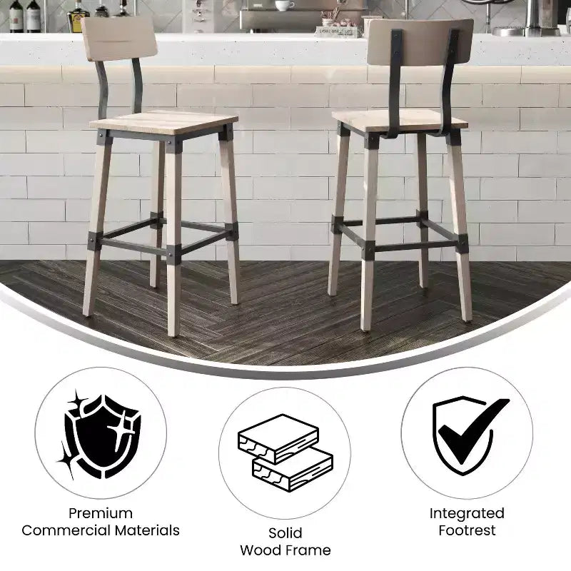 2 Pack Commercial Grade Rustic Industrial Style Wood Dining Barstool