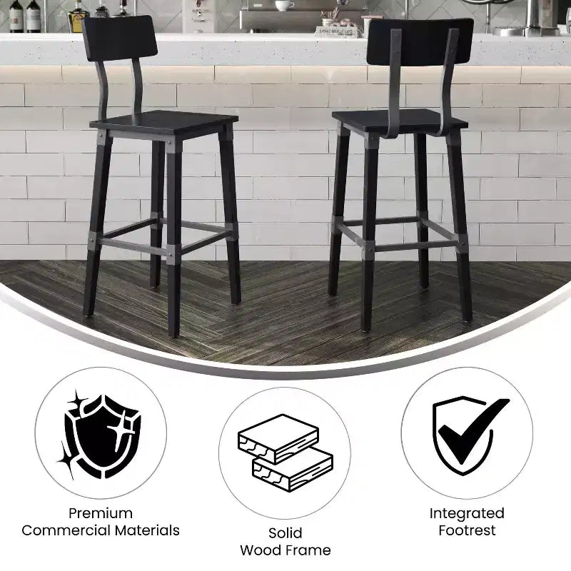 2 Pack Commercial Grade Rustic Industrial Style Wood Dining Barstool