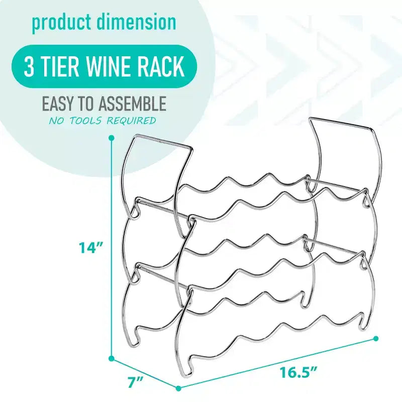 3-Tier Stackable Silver Wine Rack - Perfect for Bar, Wine Cellar, Basement, Cabinet, Pantry (Holds 12 Bottles)