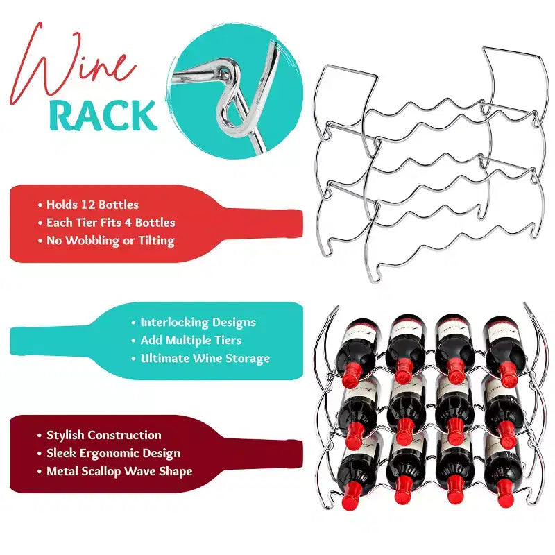 3-Tier Stackable Silver Wine Rack - Perfect for Bar, Wine Cellar, Basement, Cabinet, Pantry (Holds 12 Bottles)