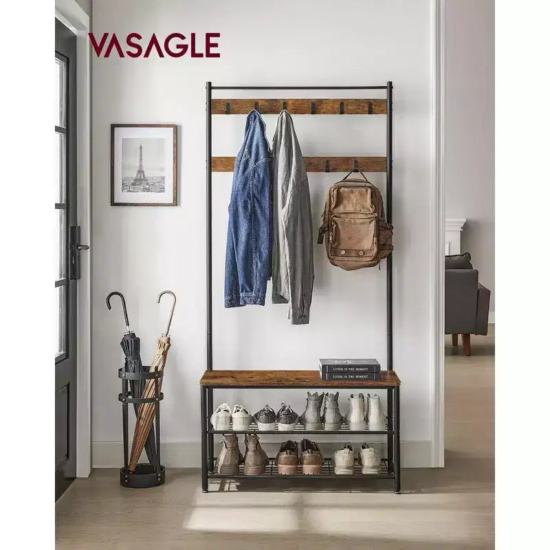 Coat Rack, Hall Tree with Shoe Storage Bench, Entryway Bench with Shoe Storage, 3-in-1, Steel Frame, Rustic Brown and Black