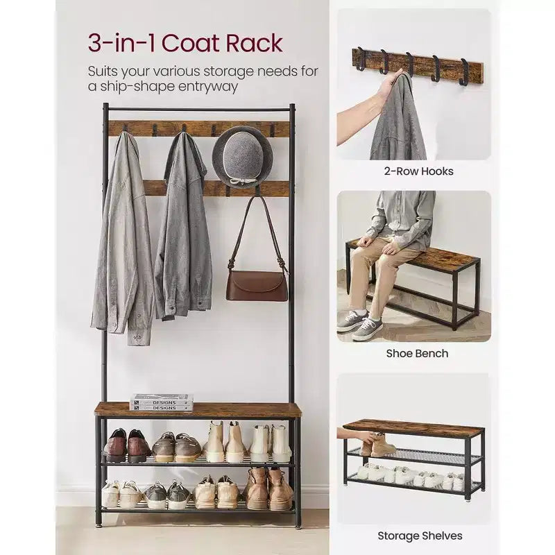 Coat Rack, Hall Tree with Shoe Storage Bench, Entryway Bench with Shoe Storage, 3-in-1, Steel Frame, Rustic Brown and Black