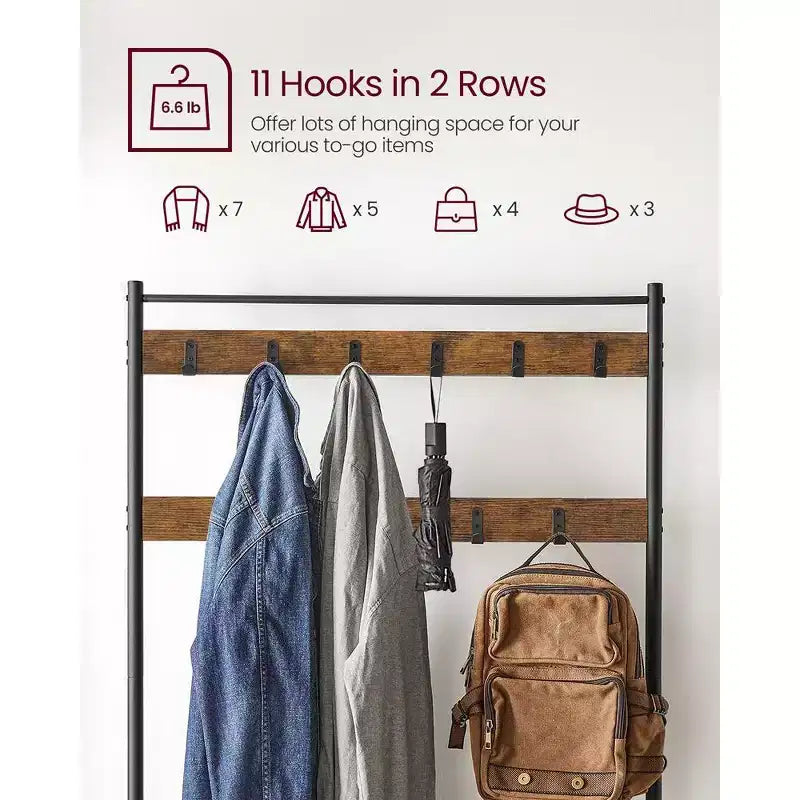 Coat Rack, Hall Tree with Shoe Storage Bench, Entryway Bench with Shoe Storage, 3-in-1, Steel Frame, Rustic Brown and Black