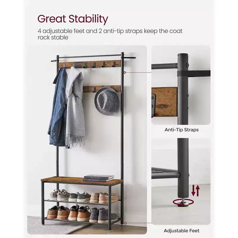 Coat Rack, Hall Tree with Shoe Storage Bench, Entryway Bench with Shoe Storage, 3-in-1, Steel Frame, Rustic Brown and Black