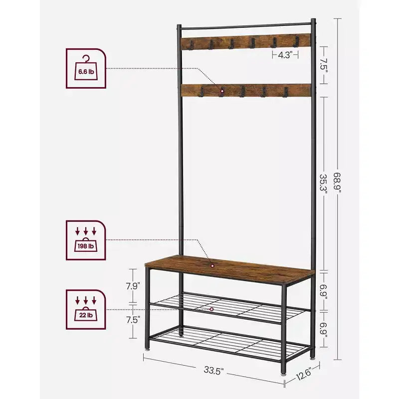 Coat Rack, Hall Tree with Shoe Storage Bench, Entryway Bench with Shoe Storage, 3-in-1, Steel Frame, Rustic Brown and Black