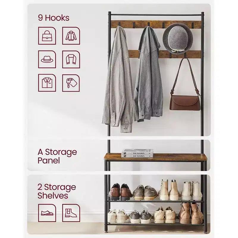 Coat Rack, Hall Tree with Shoe Storage Bench, Entryway Bench with Shoe Storage, 3-in-1, Steel Frame, Rustic Brown and Black