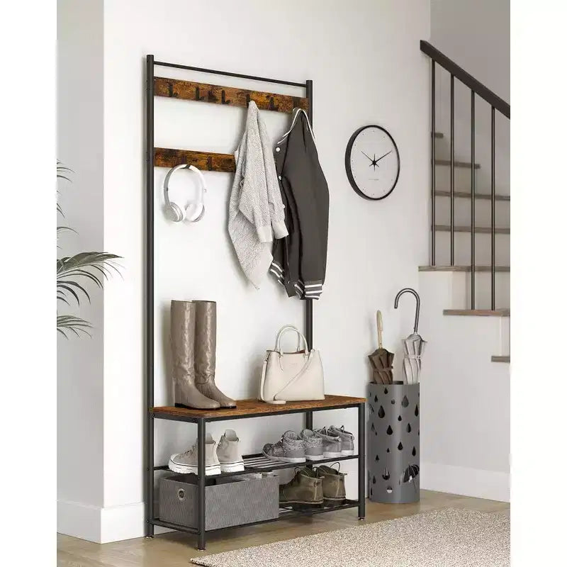 Coat Rack, Hall Tree with Shoe Storage Bench, Entryway Bench with Shoe Storage, 3-in-1, Steel Frame, Rustic Brown and Black